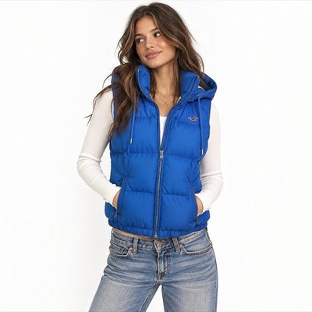 Hollister Womens Y2K Blue Hooded Puffer Vest Quilted Down Fill 2000s Winter Sz M